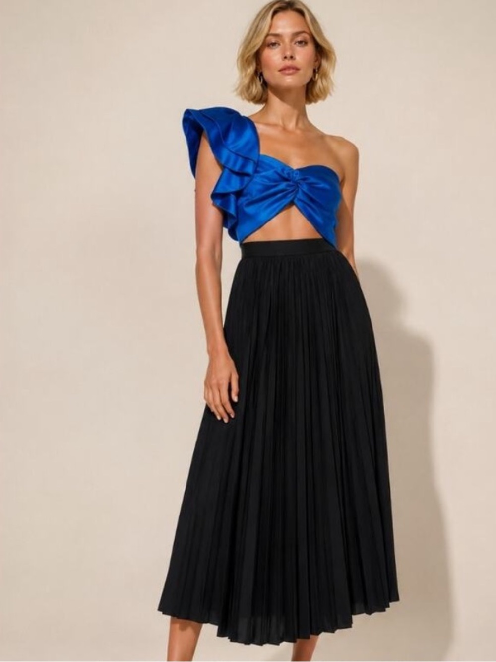 AMUR Cleopatra Pleated Dress One Shoulder Midi Size 6 Electric Blue & Black